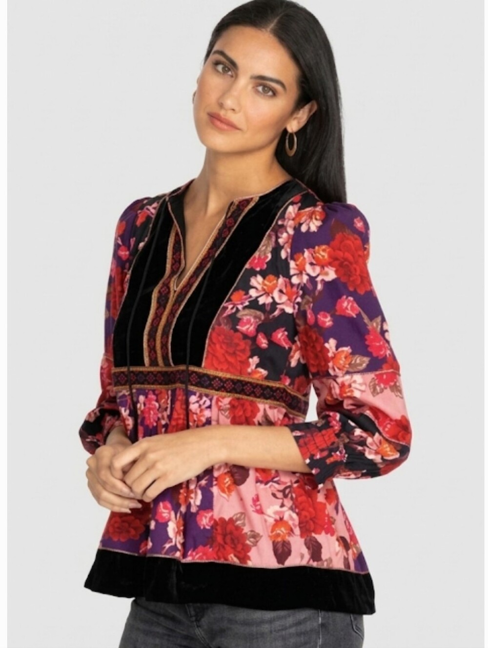 Johnny Was Jade Kimmy Peasant Floral Silk Velvet Embroidered Blouse Size S EUC